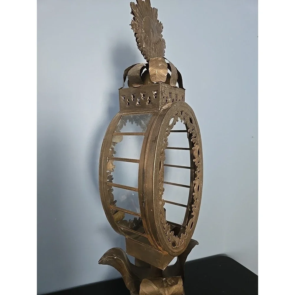Baroque Mexican Tin Metal Lantern Lamp Ornate Handmade‎ Pedestal Sun Flower